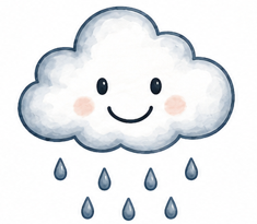 Sunny, the smiling rain cloud mascot with seven raindrops